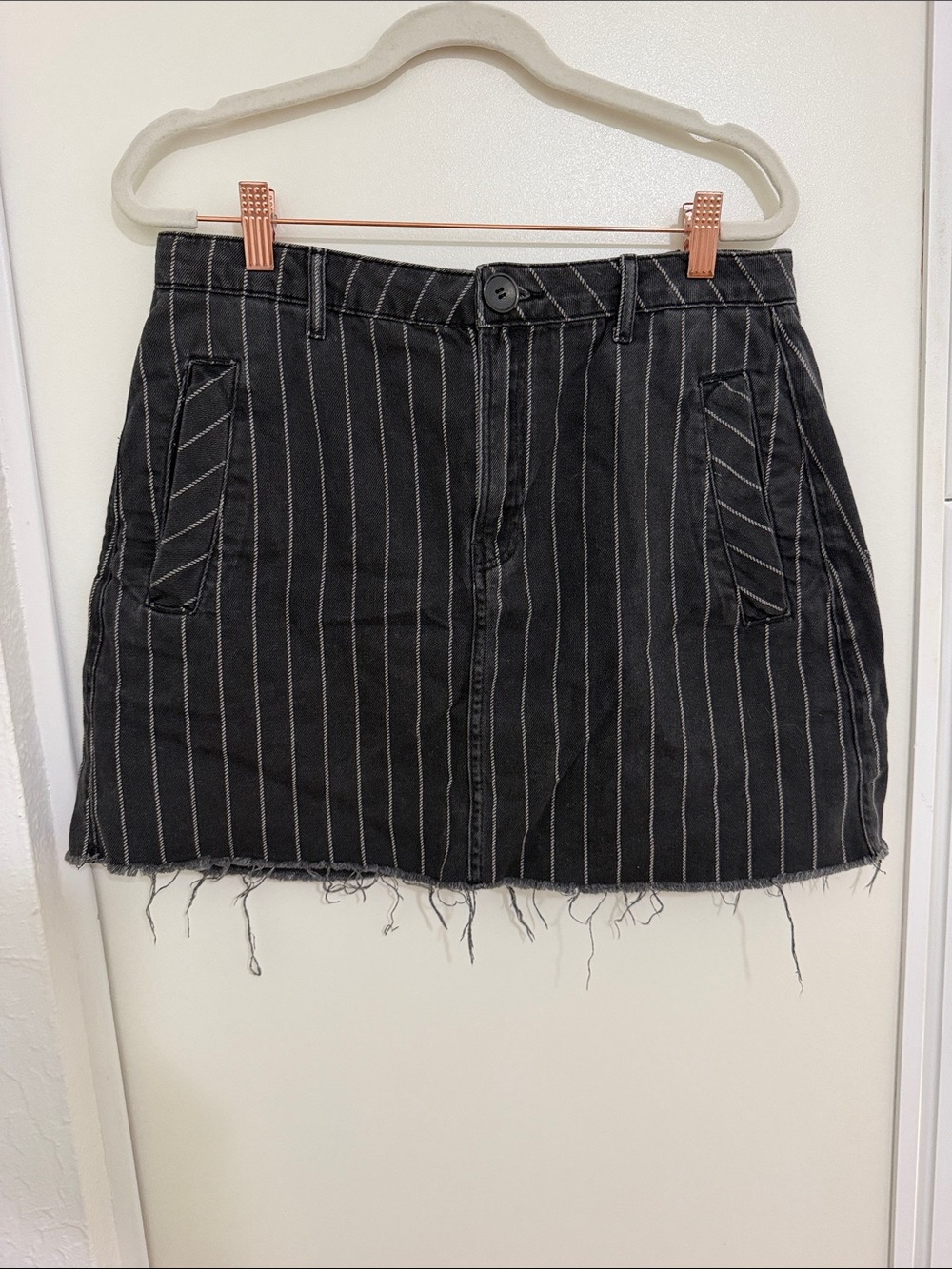 BDG Black Pinstripe Denim Mini Skirt with Pockets | L